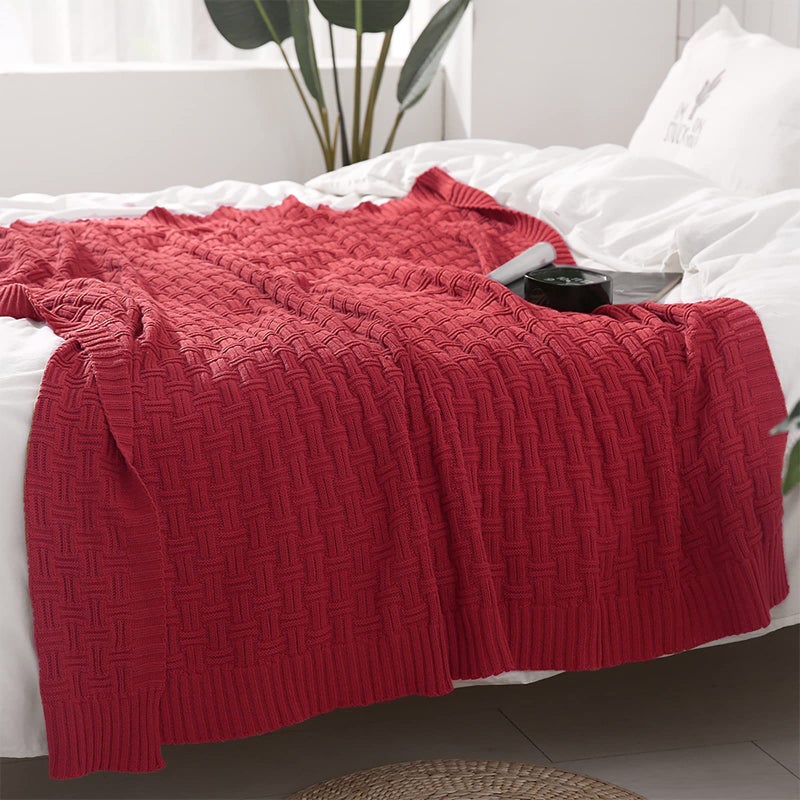 TREELY 100% Cotton Knitted Throw Blanket Couch Cover Blanket(50 x 60 Inches, Red) - Image 4
